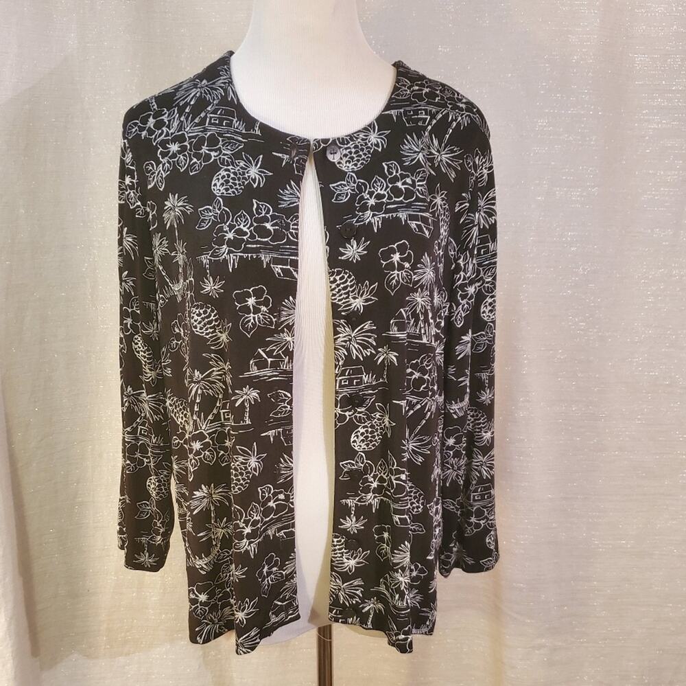 Ruby Rd Black White Tropical Jersey Knit Cardigan, L